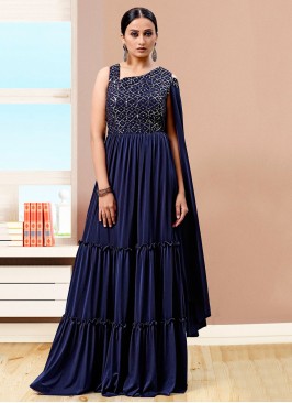 Imported Sequins Trendy Gown in Navy Blue