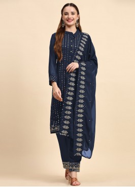 Imposing Faux Georgette Navy Blue Embroidered Salw