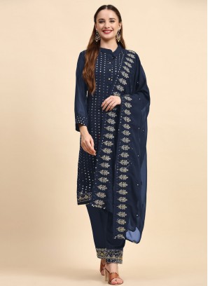 Imposing Faux Georgette Navy Blue Embroidered Salwar Suit