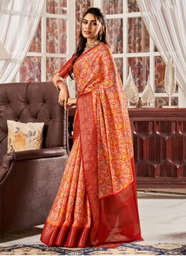 Imposing Orange Digital Print Satin Classic Saree