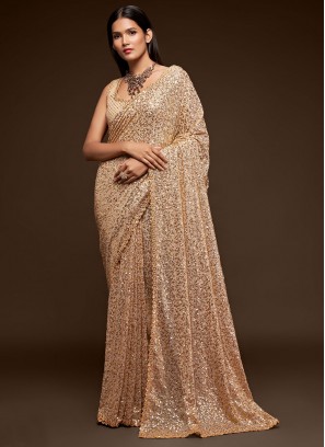 Imposing Sequins Faux Georgette Cream Trendy Saree