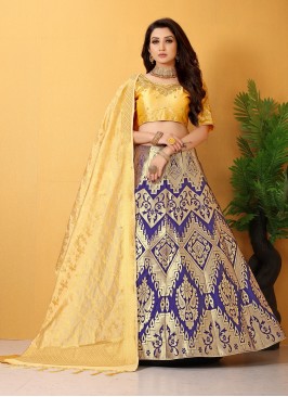 Impressive Embroidered Blue and Yellow Banarasi Silk Lehenga Choli