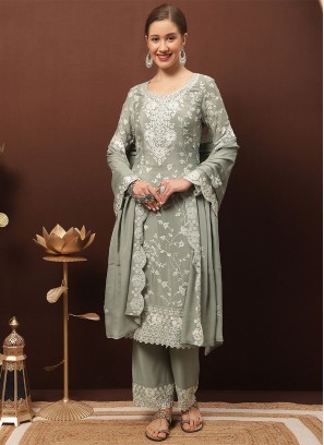 Impressive Embroidered Grey Chiffon Salwar Kameez