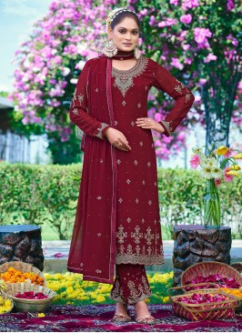 Impressive Embroidered Maroon Georgette Salwar Suit