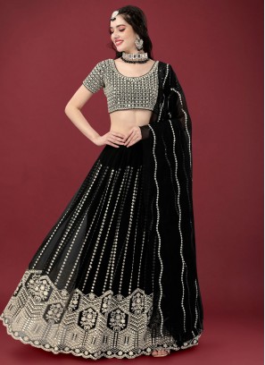 Impressive Faux Georgette Black Embroidered A Line Lehenga Choli