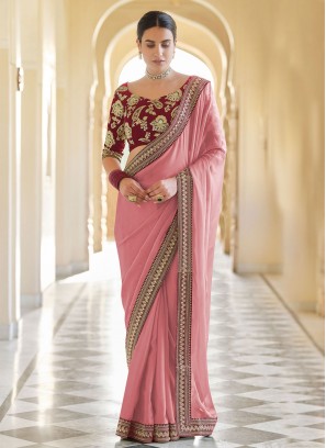 Impressive Patch Border Pink Classic Designer Saree