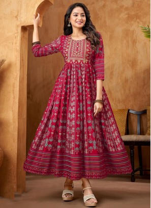 Impressive Rayon Rani Embroidered Floor Length Kurti