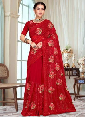 Impressive Red Sequins Georgette Trendy Saree
