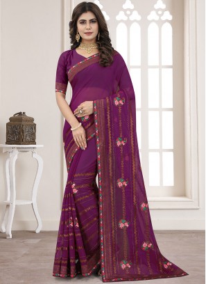 Impressive Shimmer Embroidered Purple Trendy Saree