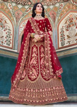 Incredible Dori Work Red Velvet A Line Lehenga Cho