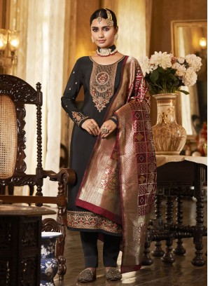 Incredible Embroidered Crepe Silk Grey Straight Salwar Suit