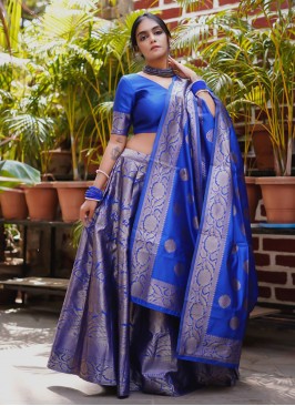 Incredible Navy Blue Weaving Banarasi Silk A Line Lehenga Choli