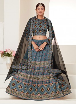 Incredible Silk Digital Print Blue A Line Lehenga 