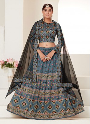 Incredible Silk Digital Print Blue A Line Lehenga Choli