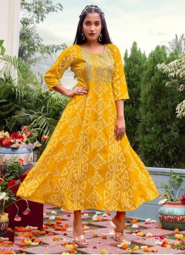 Innovative Khadi Foil Print Mustard Readymade Gown