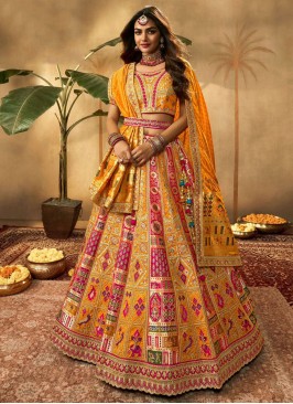 Innovative Mustard and Pink Resham Lehenga Choli