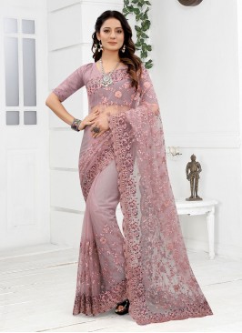 Innovative Net Embroidered Lavender Classic Designer Saree