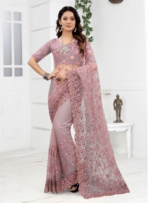 Innovative Net Embroidered Lavender Classic Designer Saree