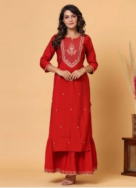 Innovative Red Embroidered Casual Kurti