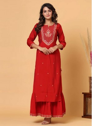 Innovative Red Embroidered Casual Kurti