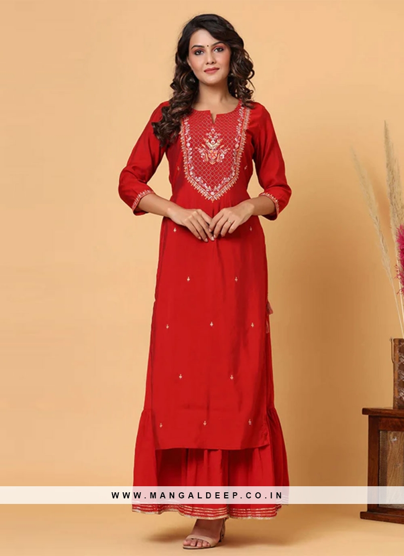 Innovative Red Embroidered Casual Kurti