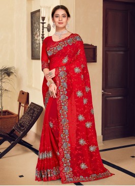 Integral Embroidered Red Traditional Saree