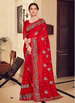 Integral Embroidered Red Traditional Saree
