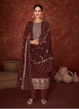 Integral Faux Georgette Brown Embroidered Designer Pakistani Suit
