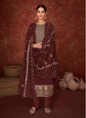 Integral Faux Georgette Brown Embroidered Designer Pakistani Suit