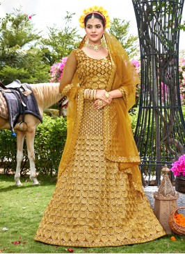 Integral Net Mustard Embroidered A Line Lehenga Choli