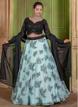 Integral Organza Turquoise Sequins Readymade Lehenga Choli