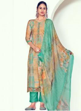 Intricate Digital Print Cotton Sea Green Salwar Kameez