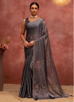 Intricate Satin Silk Stone Work Classic Saree