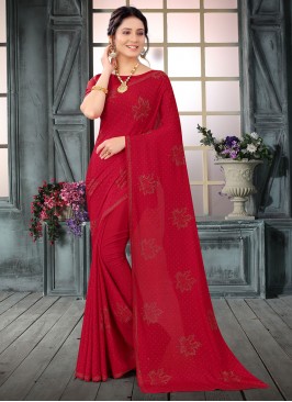 Intricate Stone Work Faux Crepe Maroon Classic Designer Saree