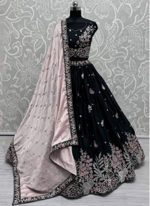 Intricate Thread Green and Teal Silk Trendy Lehenga Choli