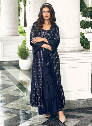 Intriguing Embroidered Faux Georgette Navy Blue Designer Salwar Kameez