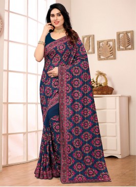 Intriguing Embroidered Georgette Navy Blue Classic Saree