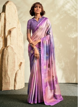Intriguing Khadi Silk Printed Purple Trendy Saree