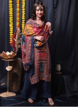 Intriguing Navy Blue Digital Print Muslin Palazzo Salwar Kameez