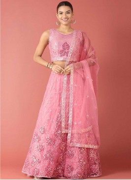 Intriguing Net Sequins Pink A Line Lehenga Choli