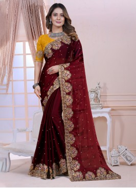 Intriguing Satin Silk Embroidered Maroon Designer 