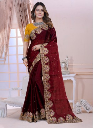 Intriguing Satin Silk Embroidered Maroon Designer Saree