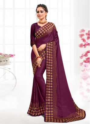 Intriguing Satin Stone Wine Designer Saree