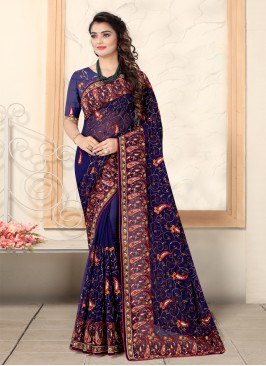 Intrinsic Embroidered Navy Blue Georgette Designer Saree