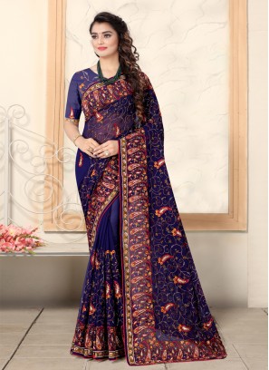 Intrinsic Embroidered Navy Blue Georgette Designer Saree