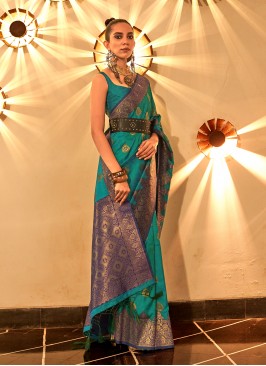 Intrinsic Weaving Teal Silk Classic Saree