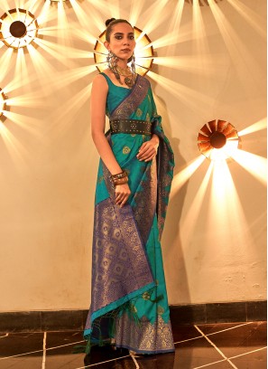 Intrinsic Weaving Teal Silk Classic Saree