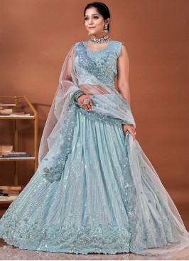 Invaluable Aqua Blue Net Lehenga Choli