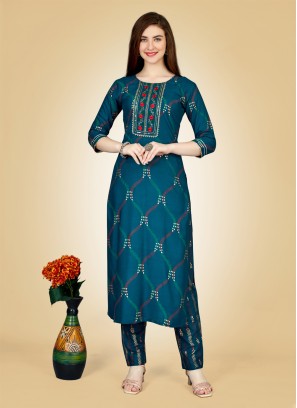 Invaluable Embroidered Rayon Teal Party Wear Kurti