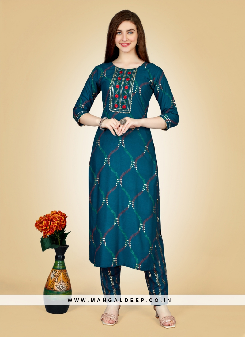 Invaluable Embroidered Rayon Teal Party Wear Kurti